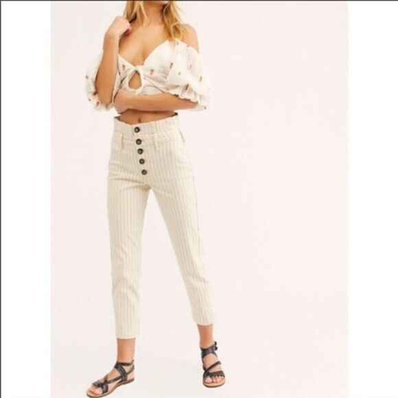 Free People Montella High-Rise Paperbag Pinstripe Jeans - Cream - Picture 1 of 8